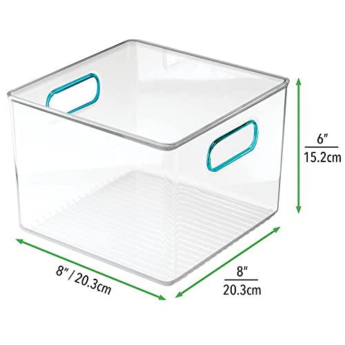 mDesign Plastic Food Storage Container Bin with Handles for Kitchen, Pantry, Cabinet, Fridge/Freezer - Cube Organizer for Snacks, Produce, Vegetables, Pasta - BPA Free, Food Safe - 4 Pack, Clear/Blue