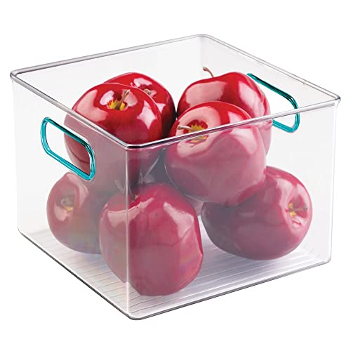 mDesign Plastic Food Storage Container Bin with Handles for Kitchen, Pantry, Cabinet, Fridge/Freezer - Cube Organizer for Snacks, Produce, Vegetables, Pasta - BPA Free, Food Safe - 4 Pack, Clear/Blue