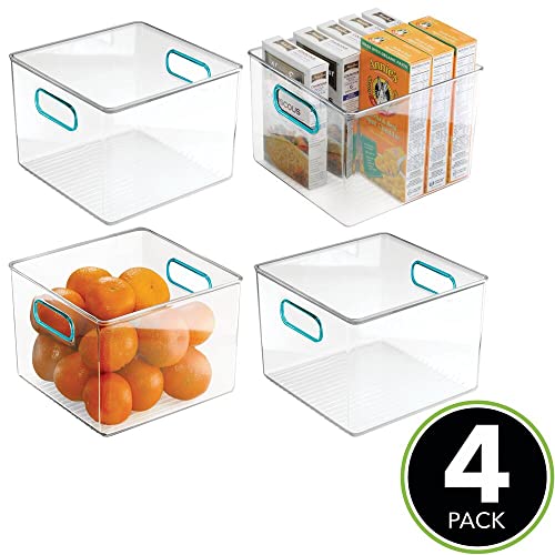 mDesign Plastic Food Storage Container Bin with Handles for Kitchen, Pantry, Cabinet, Fridge/Freezer - Cube Organizer for Snacks, Produce, Vegetables, Pasta - BPA Free, Food Safe - 4 Pack, Clear/Blue