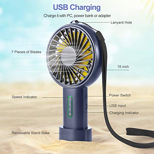 IPOW Mini Handheld Fan Personal Portable Fan 3 Speed Adjustable Angle Removable Base Lanyard USB Recharging Battery Operated Small Desk Cooling Face Fan for Home Camping Disney Travel Navy Blue