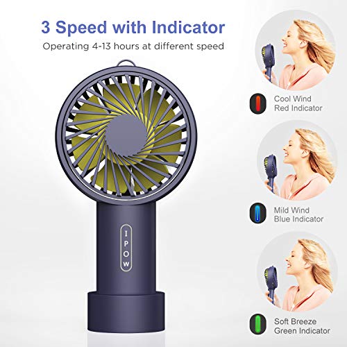 IPOW Mini Handheld Fan Personal Portable Fan 3 Speed Adjustable Angle Removable Base Lanyard USB Recharging Battery Operated Small Desk Cooling Face Fan for Home Camping Disney Travel Navy Blue