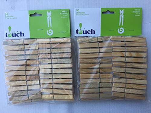 Touch Wooden Clothes Pins, 2 Packs of 50 (100 Pieces Total)