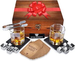 whiskey stones gift set by royal reserve | artisan crafted chilling rocks scotch bourbon glasses and slate table coasters – gift for guy men dad boyfriend anniversary or retirement