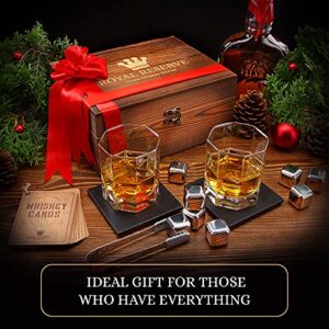 Whiskey Stones Gift Set by Royal Reserve | Artisan Crafted Chilling Rocks Scotch Bourbon Glasses and Slate Table Coasters – Gift for Guy Men Dad Boyfriend Anniversary or Retirement