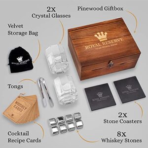 Whiskey Stones Gift Set by Royal Reserve | Artisan Crafted Chilling Rocks Scotch Bourbon Glasses and Slate Table Coasters – Gift for Guy Men Dad Boyfriend Anniversary or Retirement