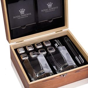 Whiskey Stones Gift Set by Royal Reserve | Artisan Crafted Chilling Rocks Scotch Bourbon Glasses and Slate Table Coasters – Gift for Guy Men Dad Boyfriend Anniversary or Retirement