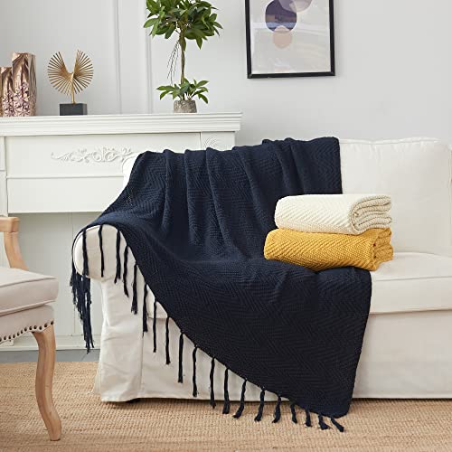 Longhui bedding Fringe Knit Cotton Throw Blanket, 50 x 60 Inch Decorative Knitted Cover with 6 Inches Tassels, Bonus Laundry Bag – 2.5lb Weight, Couch Blankets, Dark Navy Blue