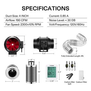 VIVOSUN 4 Inch 190 CFM Inline Fan with Speed Controller, 4 Inch Carbon Filter and 8 Feet of Ducting, Temperature Humidity Monitor for Grow Tent Ventilation