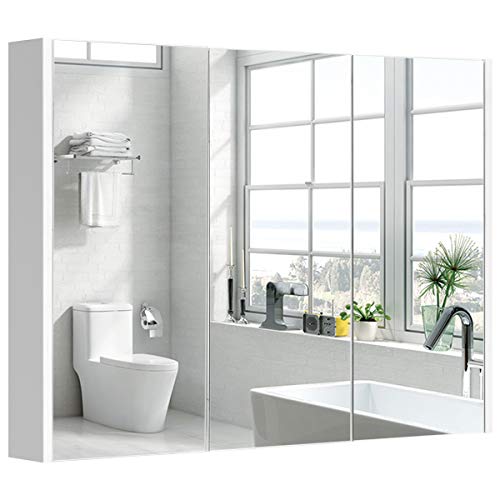 Tangkula Bathroom Medicine Cabinet with 3 Mirror Doors, Wall Mount Wide Mirrored Cabinet with Adjustable Shelf, Triple Mirrored Doors Storage Cabinet for Bathroom Living Room, 36 x 4.5 x 25.5 Inches