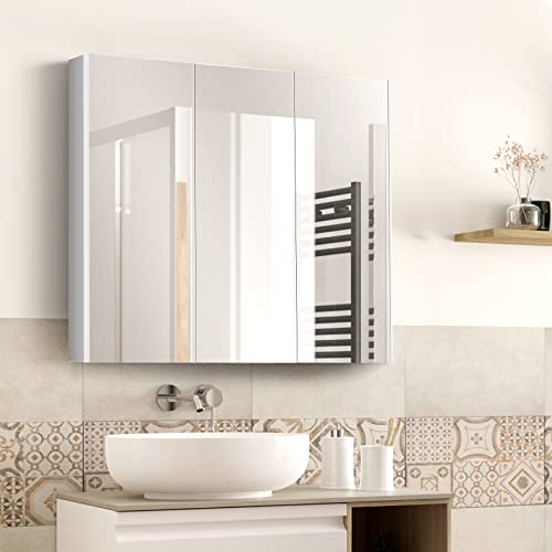 Tangkula Bathroom Medicine Cabinet with 3 Mirror Doors, Wall Mount Wide Mirrored Cabinet with Adjustable Shelf, Triple Mirrored Doors Storage Cabinet for Bathroom Living Room, 36 x 4.5 x 25.5 Inches