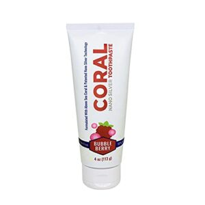 coral nano silver bubble berry fluoride free toothpaste, natural fluoride free teeth whitening toothpaste, coral calcium nano silver infused sls glycerin free 4 ounce