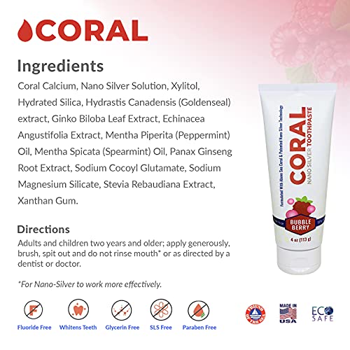 Coral Nano Silver Bubble Berry Fluoride Free Toothpaste, Natural Fluoride Free Teeth Whitening Toothpaste, Coral Calcium Nano Silver Infused SLS Glycerin Free 4 Ounce