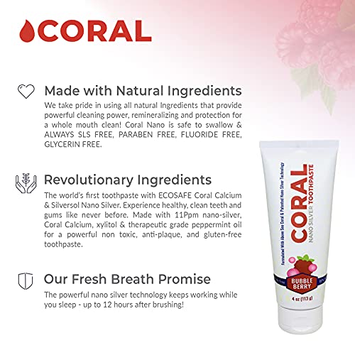 Coral Nano Silver Bubble Berry Fluoride Free Toothpaste, Natural Fluoride Free Teeth Whitening Toothpaste, Coral Calcium Nano Silver Infused SLS Glycerin Free 4 Ounce