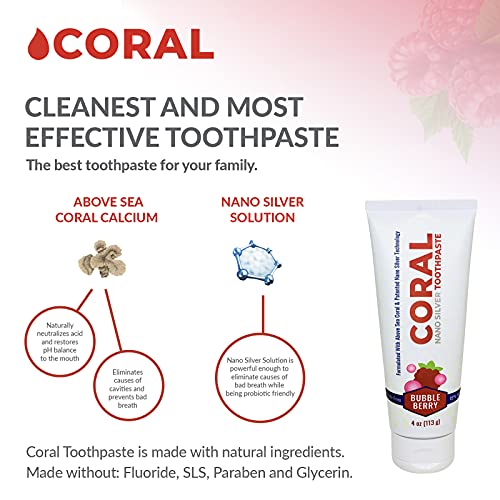 Coral Nano Silver Bubble Berry Fluoride Free Toothpaste, Natural Fluoride Free Teeth Whitening Toothpaste, Coral Calcium Nano Silver Infused SLS Glycerin Free 4 Ounce