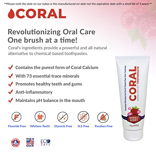 Coral Nano Silver Bubble Berry Fluoride Free Toothpaste, Natural Fluoride Free Teeth Whitening Toothpaste, Coral Calcium Nano Silver Infused SLS Glycerin Free 4 Ounce