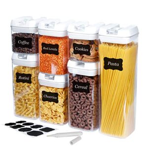 7 pack airtight food storage container set - kitchen & pantry organization containers - labels & chalk marker - bpa free clear plastic kitchen and pantry organization containers