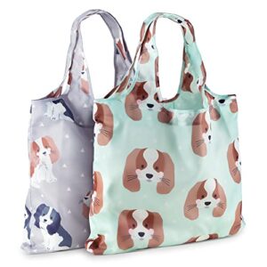 momiji premium reusable grocery shopping bags, unique european artists, certified recycled polyester, set of 2 bags, foldable, eco-friendly, machine washable, lightweight (cute cavalier dog)