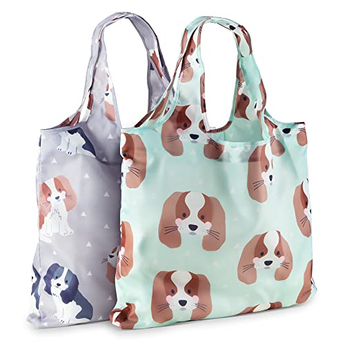 Momiji Premium Reusable Grocery Shopping Bags, Unique European Artists, Certified Recycled Polyester, Set of 2 Bags, Foldable, Eco-Friendly, Machine Washable, Lightweight (Cute Cavalier Dog)