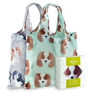 Momiji Premium Reusable Grocery Shopping Bags, Unique European Artists, Certified Recycled Polyester, Set of 2 Bags, Foldable, Eco-Friendly, Machine Washable, Lightweight (Cute Cavalier Dog)