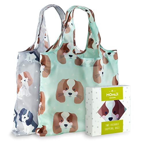 Momiji Premium Reusable Grocery Shopping Bags, Unique European Artists, Certified Recycled Polyester, Set of 2 Bags, Foldable, Eco-Friendly, Machine Washable, Lightweight (Cute Cavalier Dog)