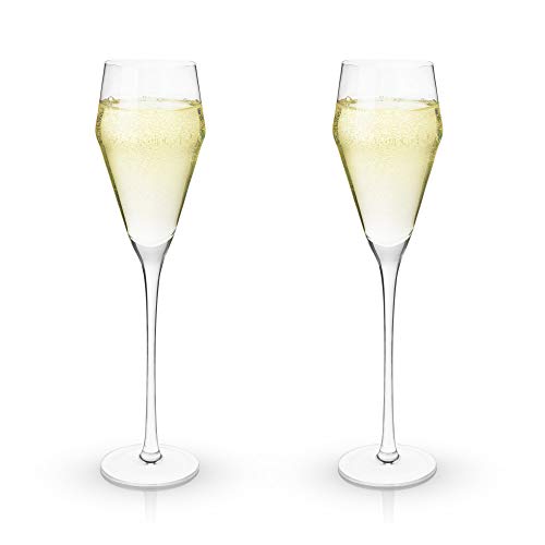 Viski Raye Angled Crystal Prosecco Glasses Set of 2, No-Lead Premium Crystal Clear Glass, Modern Stemmed, Prosecco Glass Gift Set, 8oz