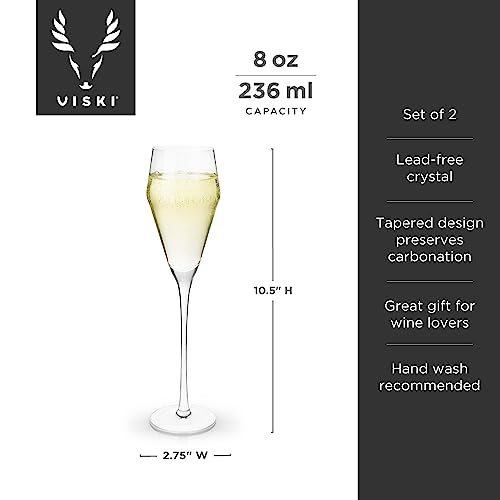 Viski Raye Angled Crystal Prosecco Glasses Set of 2, No-Lead Premium Crystal Clear Glass, Modern Stemmed, Prosecco Glass Gift Set, 8oz