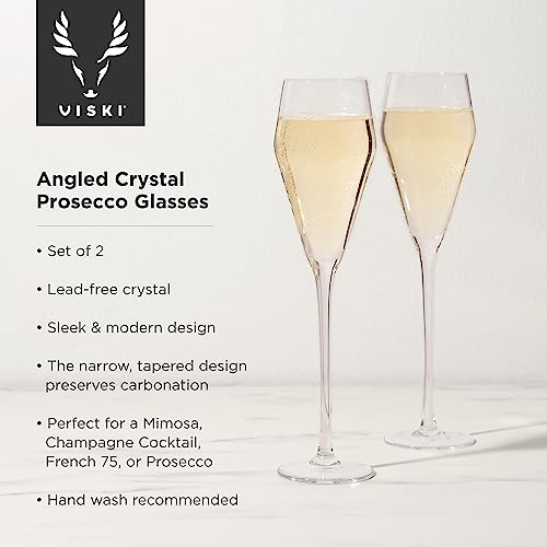 Viski Raye Angled Crystal Prosecco Glasses Set of 2, No-Lead Premium Crystal Clear Glass, Modern Stemmed, Prosecco Glass Gift Set, 8oz