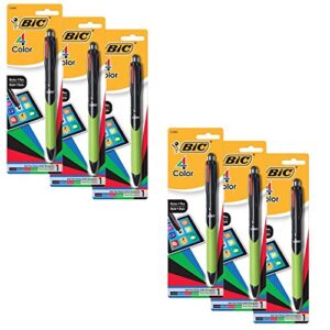 bic 4-color grip ballpoint pen with stylus, medium point (1.0mm), assorted inks, 6-count