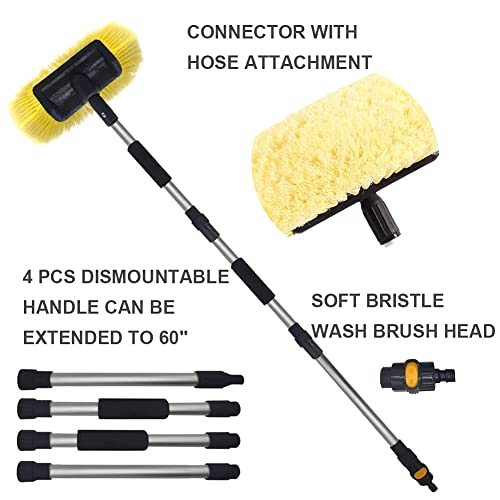 Sengo Car Wash Brush with 12'' Lock Type No Loose No Rotate Soft Bristle Brush and 60'' Dismountable Pole with on/Off Switch for Maximum Cleaning