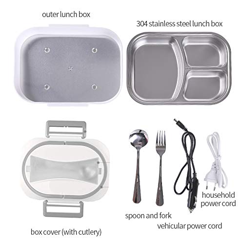 CTSZOOM Electric Lunch Box Food Warmer for Car Truck and Home Portable Food Warmer Heater 3 compartment Container with Spoon and Fork Lunch Box White