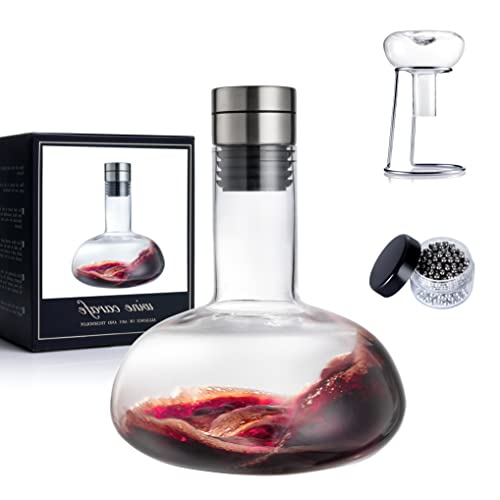 YouYah Wine Decanter Set,Red Wine Carafe with Drying Stand,Cleaning Beads and Aerator Lid,Crystal Glass,Wine Aerator,100% Hand-blown,Wine Gifts for Men (1300ML)