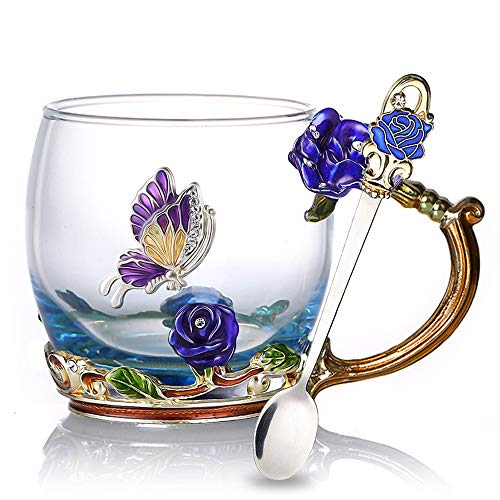 Tea Cup Glass Coffee Mugs Enamel Rose Flower Butterfly Drinking Cups with Spoon Set Unique Gifts for Birthday Wedding Christmas Blue Rose Mug 12oz