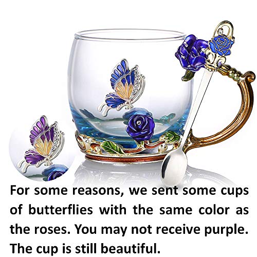 Tea Cup Glass Coffee Mugs Enamel Rose Flower Butterfly Drinking Cups with Spoon Set Unique Gifts for Birthday Wedding Christmas Blue Rose Mug 12oz