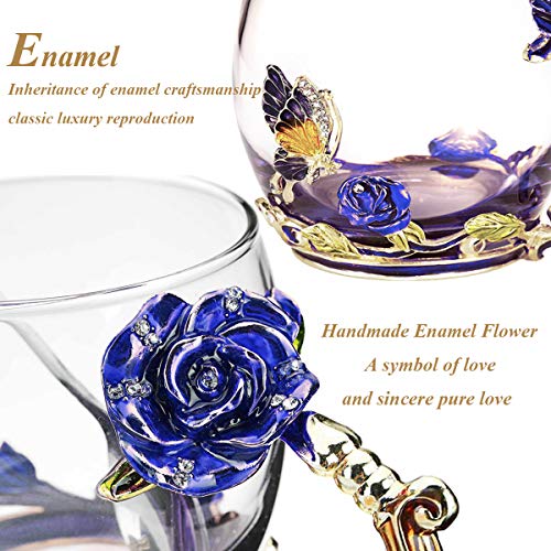 Tea Cup Glass Coffee Mugs Enamel Rose Flower Butterfly Drinking Cups with Spoon Set Unique Gifts for Birthday Wedding Christmas Blue Rose Mug 12oz