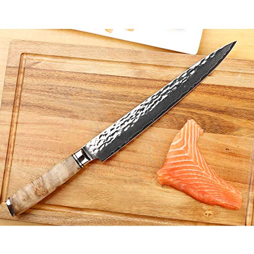 SUNLONG Fillet Knife Sashimi Sushi Carving Knife 10 Inch Japanese Knife - 67 layer Damascus Steel- Natural Burl Wood Handle - Walnut Wood Sheath - Flannel Knife Bag