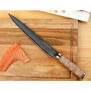 SUNLONG Fillet Knife Sashimi Sushi Carving Knife 10 Inch Japanese Knife - 67 layer Damascus Steel- Natural Burl Wood Handle - Walnut Wood Sheath - Flannel Knife Bag