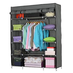 yyao portable clothes closet non-woven fabric wardrobe closet double rod 12 storage shelves clothes organizer armoire,gray