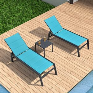 PURPLE LEAF Outdoor Chaise Lounge 2 Pieces Aluminum Patio Lounge Chair with Side Table and Wheels All Weather Outdoor Reclining Chair for Patio Pool Beach Sunbathing Chair, Turquoise Blue