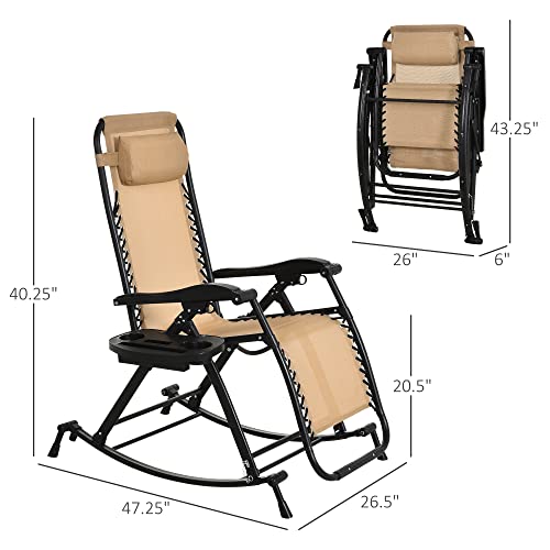 Outsunny Outdoor Rocking Chairs, Foldable Reclining Zero Gravity Lounge Rocker w/Pillow, Cup & Phone Holder, Combo Design w/Folding Legs, Beige
