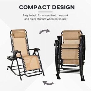 Outsunny Outdoor Rocking Chairs, Foldable Reclining Zero Gravity Lounge Rocker w/Pillow, Cup & Phone Holder, Combo Design w/Folding Legs, Beige