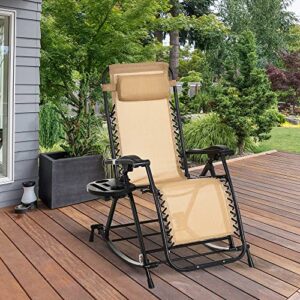 Outsunny Outdoor Rocking Chairs, Foldable Reclining Zero Gravity Lounge Rocker w/Pillow, Cup & Phone Holder, Combo Design w/Folding Legs, Beige