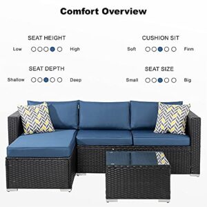 Walsunny Patio Furniture Set 3 Piece Outdoor Sectional Patio Sofa, All Weather Wicker Rattan Outdoor Furniture with Glass Table and Cushions(Aegean Blue)