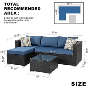 Walsunny Patio Furniture Set 3 Piece Outdoor Sectional Patio Sofa, All Weather Wicker Rattan Outdoor Furniture with Glass Table and Cushions(Aegean Blue)