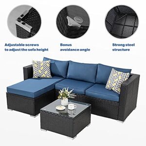 Walsunny Patio Furniture Set 3 Piece Outdoor Sectional Patio Sofa, All Weather Wicker Rattan Outdoor Furniture with Glass Table and Cushions(Aegean Blue)