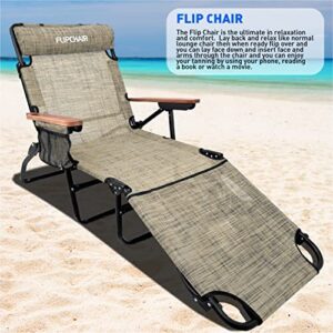 EasyGo Product FFLIP Patio Chaise Lounger Chair Face & Arm Holes 4 Legs Support Textilene Material 6 Position Reclining Head Rest Pillow Beach or Home Use-PATENTS Pending, 1 Pack, Deluxe Tan