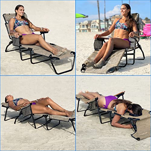 EasyGo Product FFLIP Patio Chaise Lounger Chair Face & Arm Holes 4 Legs Support Textilene Material 6 Position Reclining Head Rest Pillow Beach or Home Use-PATENTS Pending, 1 Pack, Deluxe Tan