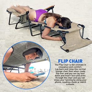 EasyGo Product FFLIP Patio Chaise Lounger Chair Face & Arm Holes 4 Legs Support Textilene Material 6 Position Reclining Head Rest Pillow Beach or Home Use-PATENTS Pending, 1 Pack, Deluxe Tan