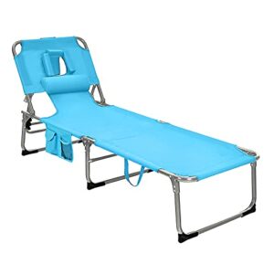 gymax tanning chair, folding beach lounger with face arm hole, adjustable backrest,side pocket, removable pillow & carry handle, outside sunbathing lounge chair for patio, poolside (1, turquoise)