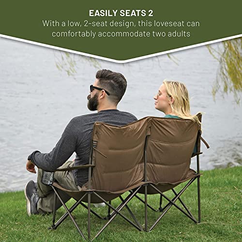 TIMBER RIDGE 2 Person Folding Loveseat Comfortable Double Foldable Camping Chair Folding Lawn Chairs for Outside, Earth Brown