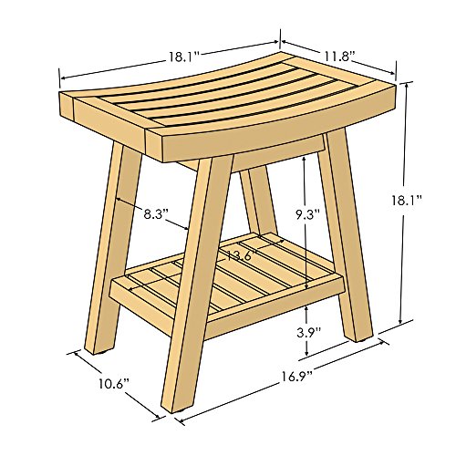 Asta Saba Solid Teak Indoor Outdoor Shower/Bath/Spa Stool Bench with Bottom Shelf, Fully Assembled, TB-115A